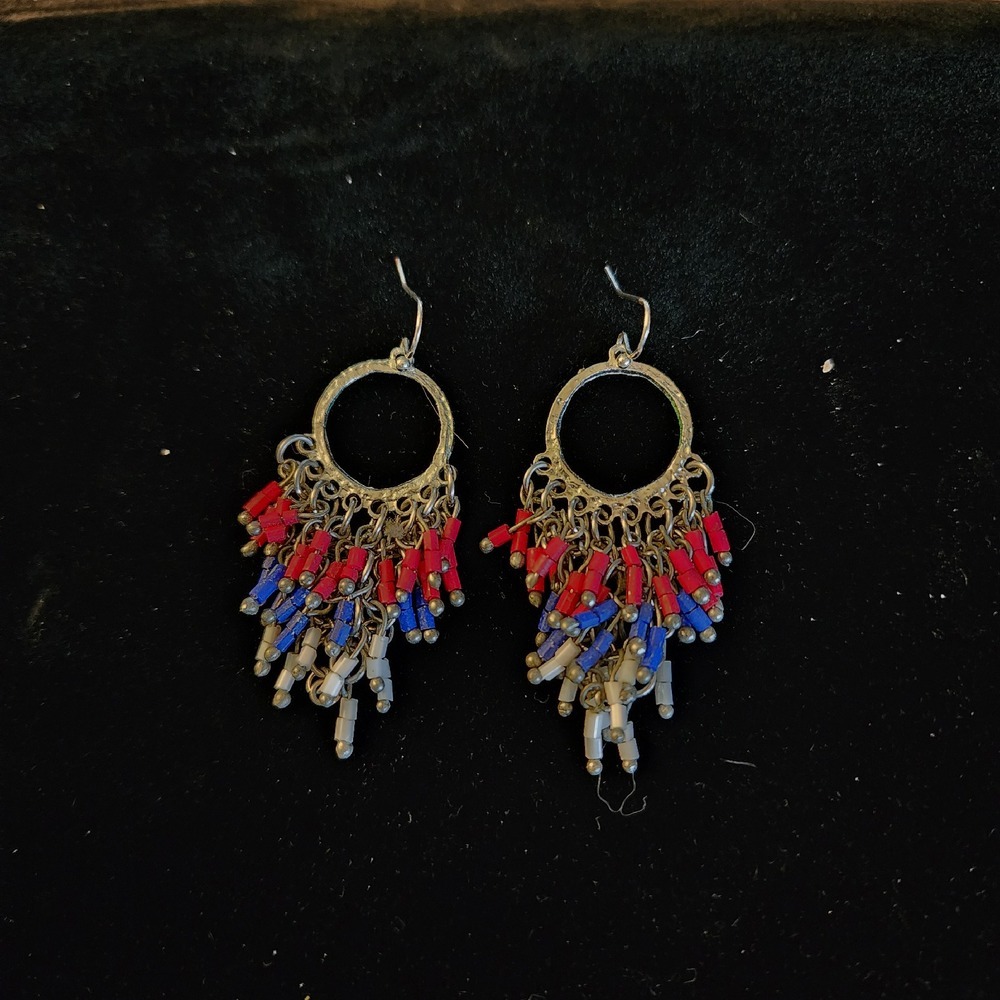 Beaded Dangle Earrings Red White Blue Patriotic Fringe‎ Statement Jewelry